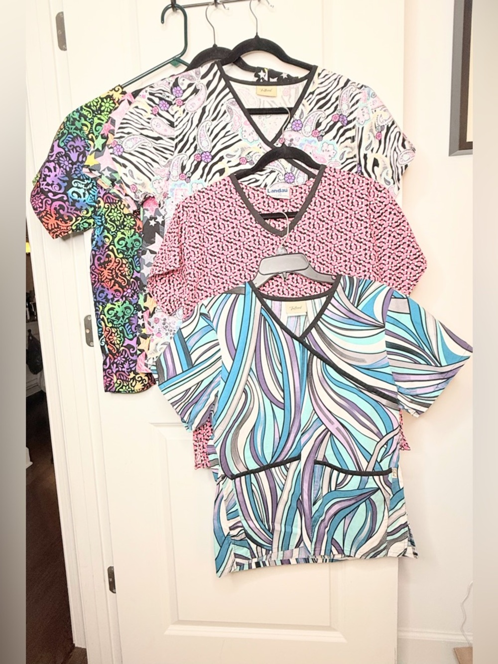 Scrub Tops Lot Small 5 Pc Tafford Landau White Cross Nurse Uniform Prints